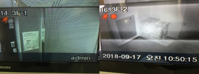명동 실탄사격장 CCTV 화면으로 출입구(좌)와 내부 화장실 진입로(우)가 보인다. 사진=윤진웅 기자