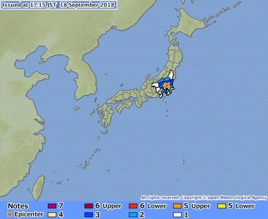 18일 오후 일본에서 지진이 발생했다. 사진=일본 기상청