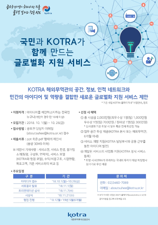 코트라(KOTRA)는 1일부터 26일까지 ‘국민과 KOTRA가 함께 만드는 글로벌화 지원 서비스’를 공모한다. 사진=공모 포스터