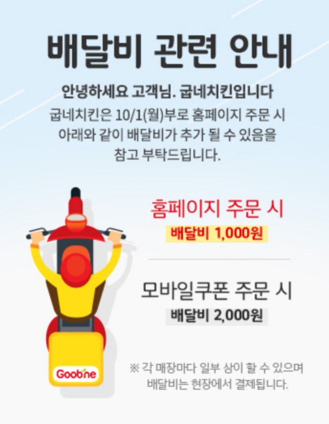 굽네치킨이 배달서비스를 유료화했다. 사진=굽네치킨 홈페이지 캡쳐