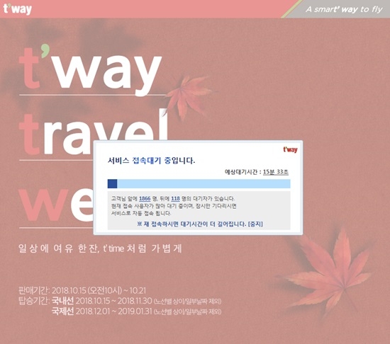 티웨이항공이 15일 오전 10시부터 할인항공권 프로모션을 실시한다. 사진=티웨이항공 홈페이지