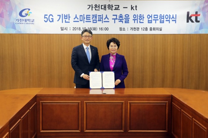협약식에 참석한 KT 기업사업부문장 박윤영(왼쪽) 부사장과 가천대학교 이길여(오른쪽) 총장이 기념사진 촬영에 임하고 있다.