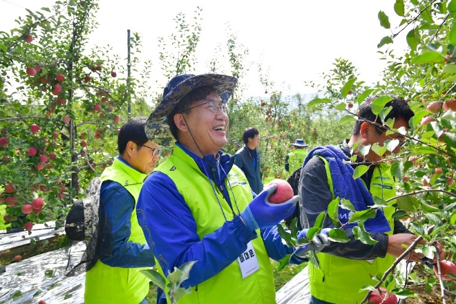 18일 충북 충주시 내포긴들마을에서 이대훈NH농협은행장이 최우수고객들과 함께 사과수확 농촌일손돕기를 하고 있다. 