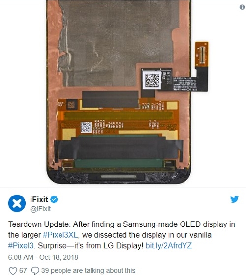 LG디스플레이가 구글 픽셀3에 OLED 패널을 공급한다. 사진=아이픽스잇. 