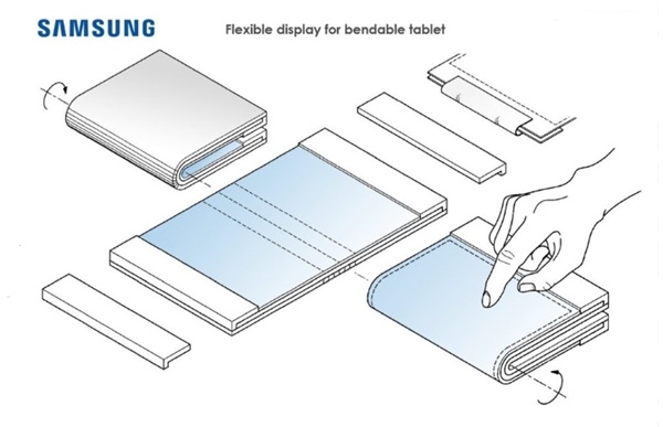 삼성전자가 접이식 스마트폰 갤럭시F에 이어 접이식 태블릿까지 준비하고 있는 것으로 보인다. 지난 4월 출원됐다는 삼성전자의 미특허청 특허출원 도면내용이 이를 말해준다.(사진=미특허청,렛츠고디지털)