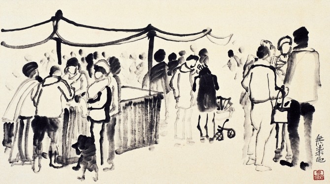 최성숙,  브라운슈바이크의 크리스마스 장날, 1978, 화선지에 먹, 39.5x51.5cm
