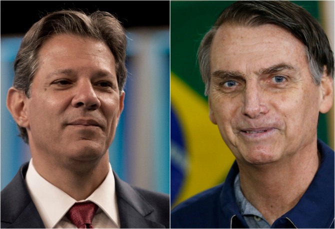 28일 치러지는 브라질 대선 결선투표에서 맞붙는 극우성향 사회자유당의 자이르 보우소나루 후보(오른쪽)와 노동자당의 페르난두 아다지 후보. 사진=뉴시스