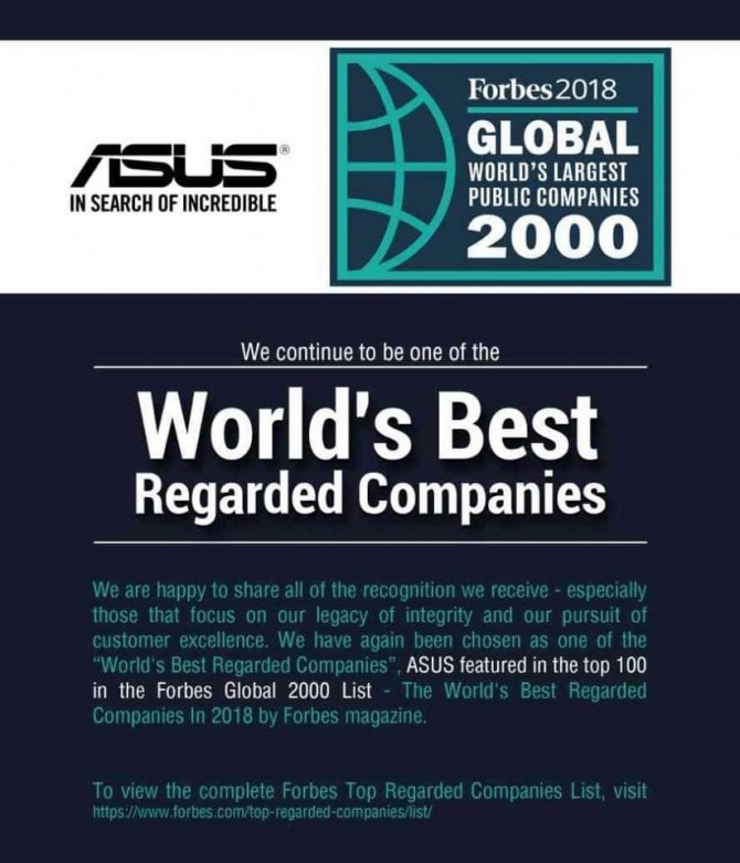 에이수스(ASUS)가 포브스 선정 ‘2018 신뢰할 수 있는 글로벌 기업’ TOP 100 순위에 올랐다.