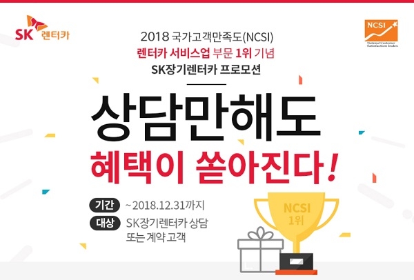 SK네트웍스의 똑똑한 렌터카인 SK렌터카가 2018 국가고객만족도(NCSI) 렌터카 서비스업 부문 1위를 기념해 12월 31일까지 고객 감사 이벤트를 실시한다. 사진=SK네트웍스.   