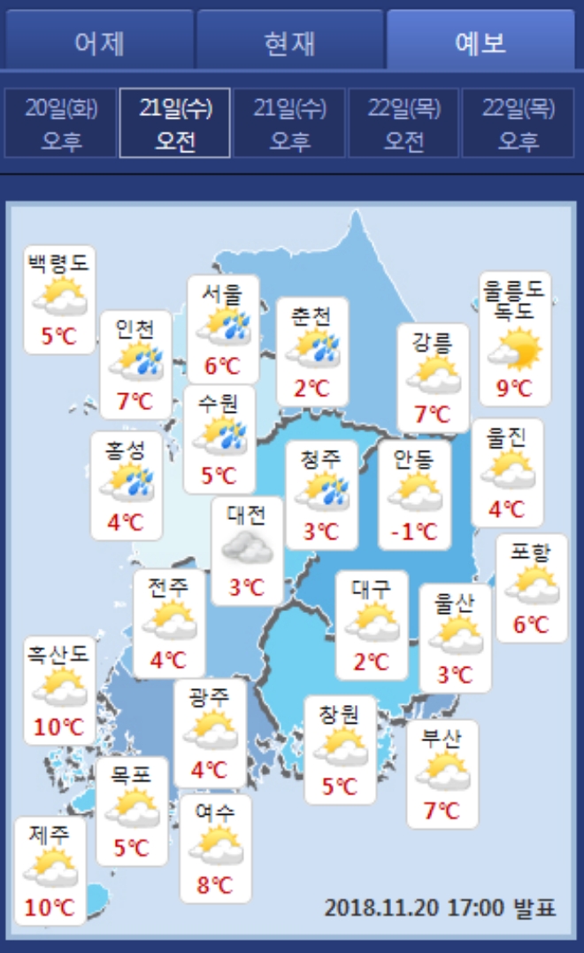 기상청은 내일 전국 곳곳에 비나 눈이 내릴 것으로 내다봤다. 사진=기상청 페이스북 캡처