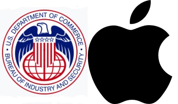 미국산업보안국이 애플을 포함한 미국 IT공룡들이 가진 첨단 기술이 들어간 제품의 적대국 수출을 제한하려 하고 있다. 12월 19일까지 이러한 규제에 대한 일반인들의 의견을 수렴하게 된다. 사진은 미기술보안국의 문장(문장)과 애플의 로고