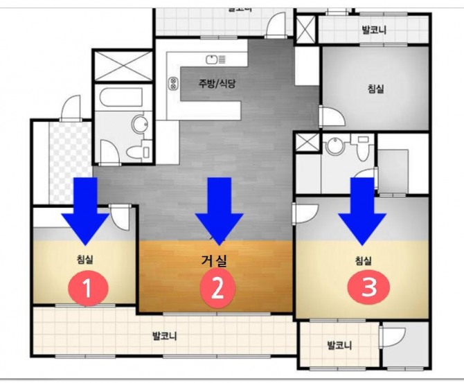 거실을 기준으로 양 옆으로 방 2개가 발코니를 향해 나란히 정렬돼 있는 구조를 3베이 구조라 한다. 베이란 건물의 기둥과 기둥 사이로 햇볕이 들어오는 공간을 의미하는데 아파트에서는 거실을 기준으로 한다. 사진=전안나 기자. 