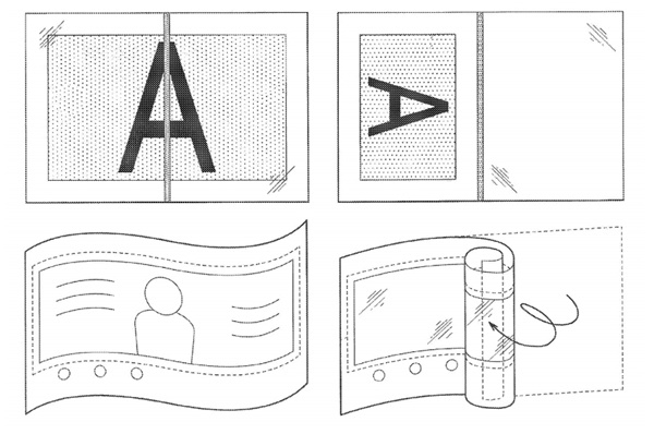 소니가 특허를 낸 접을 수 있는 스마트폰(위)과 말 수 있는 스마트폰 (사진=WIPO,렛츠고디지털)