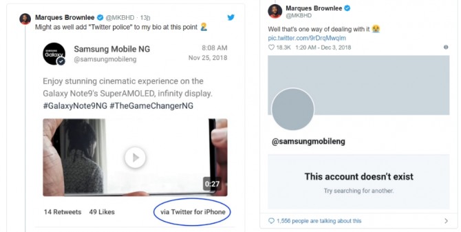 삼성전자 나이지리아 법인이 애플의 아이폰으로 '갤럭시노트9' 홍보글을 트위터에 올려 구설수에 올랐다. 이에 삼성 나이지리아 법인은 3일(현지시간) 트위터 계정을 삭제했다.
