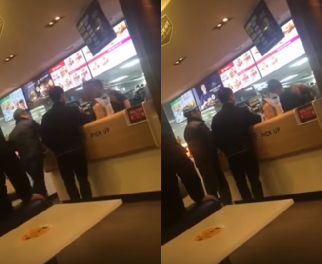맥도날드 연신내점에서 한 남성이 직원 얼굴을 향해 음식봉투를 던졌다. 사진=유튜브 영상 캡처 