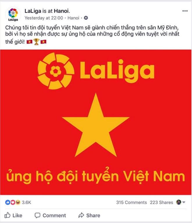 스페인 프로축구 1부리그인 라리가협회는 공식 페이스북을 통해 베트남에 응원 메시지를 보냈다.