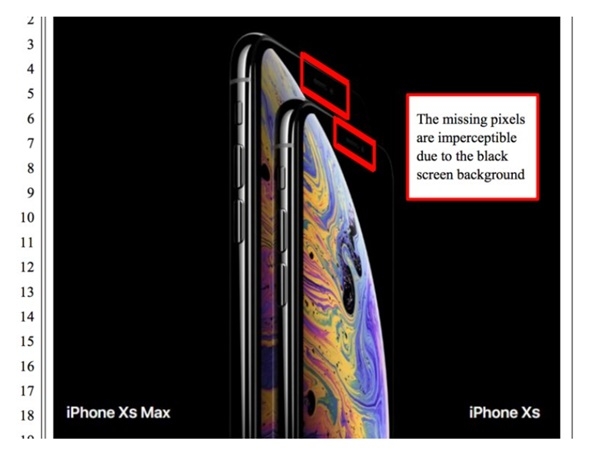 애플이 교묘하게 광고상에서 노치가 안보이도록 했다며   노치가 없는 것으로 생각한 아이폰XS맥스를 주문해 보니 노치가 있었다는 한 여성이 14일 애플을 제소했다. 사진 붉은 부분을 보면 노치가 교묘히 감춰져 있다. (사진=코트니 데이비스 소장, 페이서)