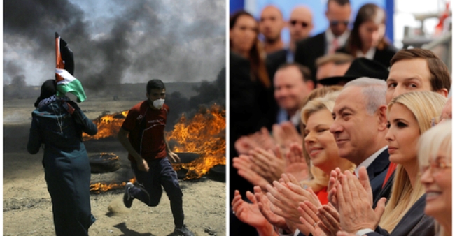 사진은 지난 5월 예루살렘 미국대사관 개소식 때의 팔레스타인과 이스라엘의 상반된 모습.