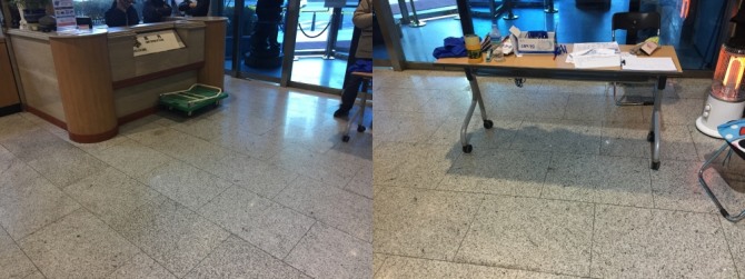 해당 건물 경비원과 현장민원지원반이 1층 로비에서 상황 통제를 하고 있다. 사진=윤진웅 기자