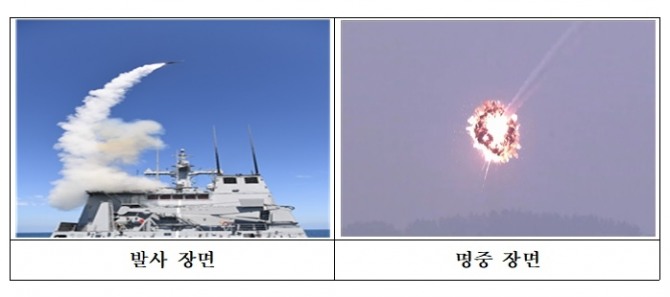 대함 유도탄 요격 미사일 해궁이 순수 국내 기술로 개발이 완료됐다. 사진은 해궁 발사장면과 명중장면. 사잔=방위사업청