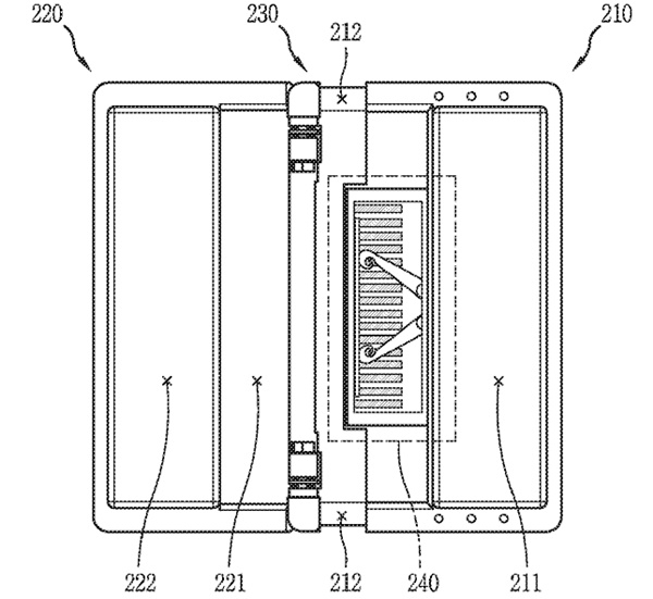 LG전자의 새로운 폴더블폰 특허출원서 도면. 중앙의 경첩부분을 당겨서 화면을 늘리도록 돼 있다. (도면=미특허청)