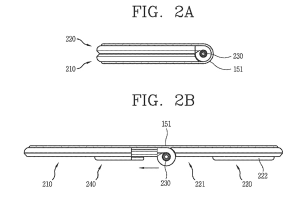 LG전자가 새로이 특허출원한 폴더블폰은 단말기를 편 후 단말기를 잡아 당겨서 더 큰 화면을 사용하도록 하고 있다.(사진=미특허청)