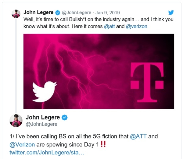 존 레저 T모바일 CEO는 버라이즌과 AT&T이 5G서비스를 하고 있다고 소설을 쓰고 있다며 싸잡아 비난하고 있다.(사진=존레저 트위터)