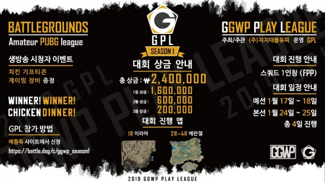e스포츠 기업 GGWP가 아마추어 배틀그라운드 대회 GGWP Play League(GPL) PUBG 시즌1을 17일부터 개최한다.