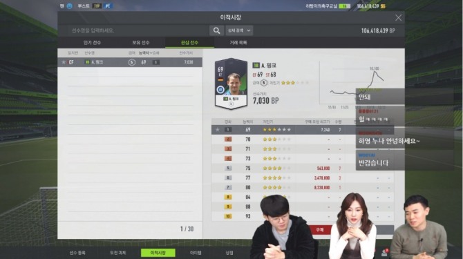 걸그룹 에이핑크 오하영과 함께 하는 'FIFA 온라인 4' 게임 방송 화면.