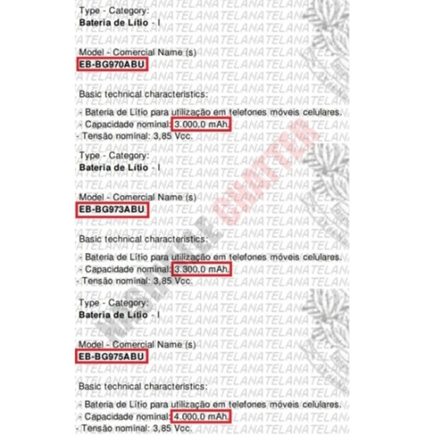 지난달 29일 브라질 통신 당국 아나텔 인증서에 등장한 갤럭시S10시리즈 배터리 용량(사진=아나텔/내쉬빌채터)