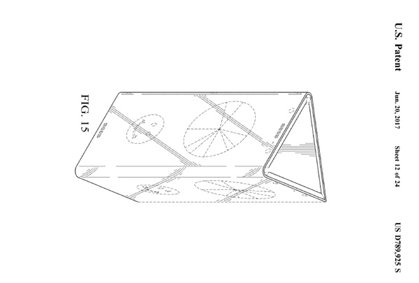 인텔의 특허받은 폴더블폰 도면. 세부분으로 돼 있어 삼각형으로 접힌다.(사진=미특허청)