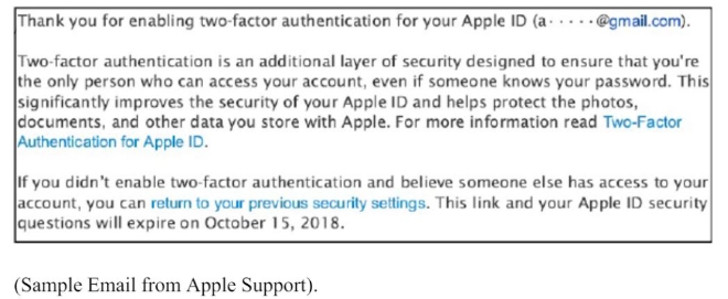 브로드스키가 8일(현지시각) 미국 캘리포니아 연방지방법원에 제출한 애플 이중인증 동의 이메일 내용이다. 가입 2주 후에는 보안설정을 이중인증 전으로 바꿀 수 없다는 내용은 찾을 수 없다.(사진=스크리브드)
