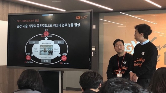 SK텔레콤이 13일 서울 종로구 소재 센트로폴리스 빌딩에서 ‘5G 스마트오피스’를 공개했다. SK텔레콤 관계자가 5G 스마트오피스의 컨셉에 대해 발표하고 있다.(사진=오혜수 인턴기자)