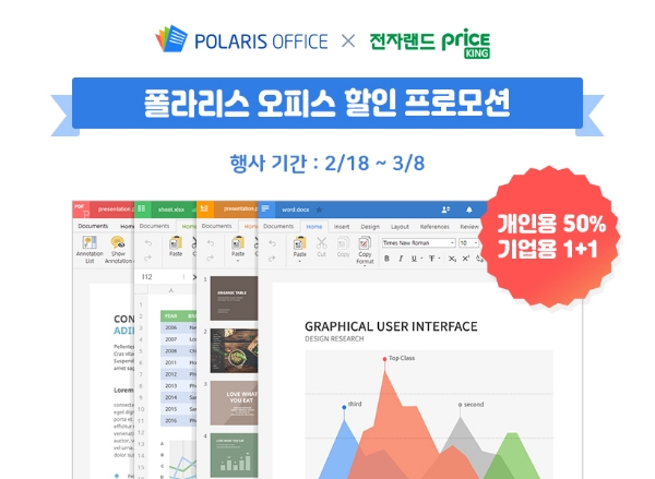 인프라웨어의 폴라리스 오피스(Polaris Office)가 전자랜드 온라인 쇼핑몰 입점을 기념한 할인 프로모션을 다음달 8일까지 진행한다. (사진=인프라웨어)