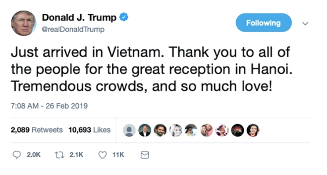 하노이에 도착한 트럼프 대통령이 트위터를 통해 짧은 소감을 내비쳤다.