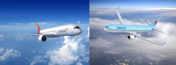 아시아나항공 A350 항공기(왼쪽). 대한항공 항공기(오른쪽). 사진=글로벌이코노믹 DB.