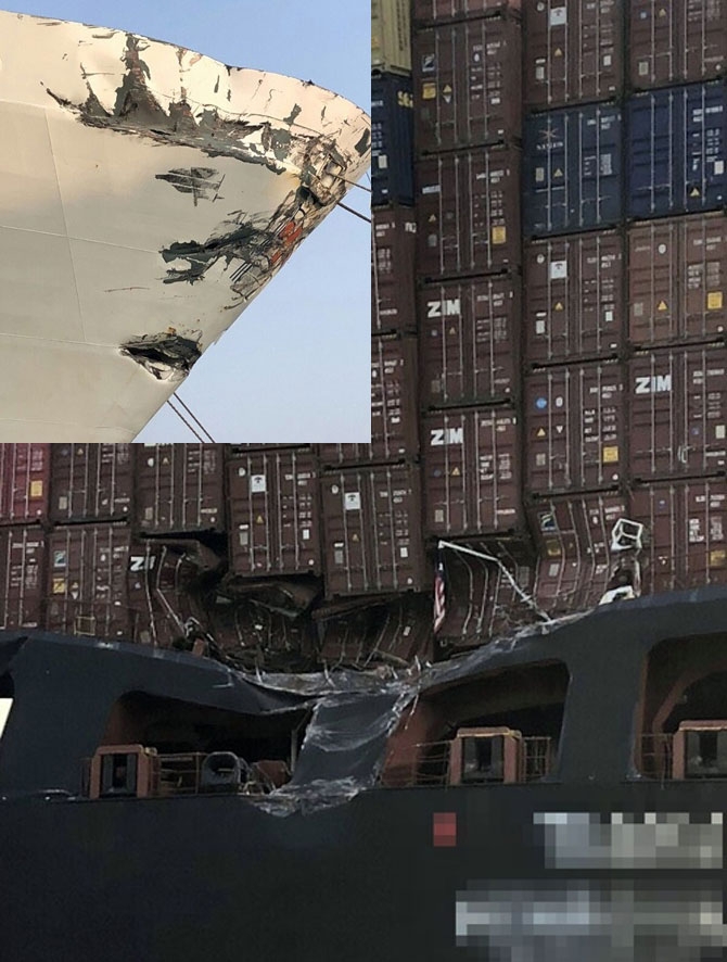 사프마린 녹완다호 선수와 텐진호 선미찌그러진 모습. 사진=매리타임불리틴