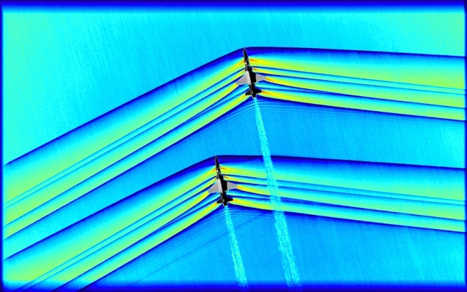 미항공우주국이 두 대의 초음속기가 만들어낸 충격파를 기록한 사진을 지난 6일(현지시각) 공개했다. (사진=NASA) 