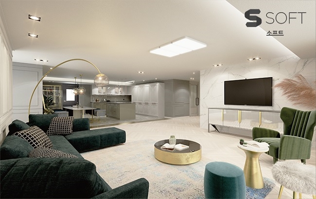 KCC의 '2019년 홈씨씨인테리어 신규 패키지 '소프트(Soft)'의 거실 모습. 사진=KCC