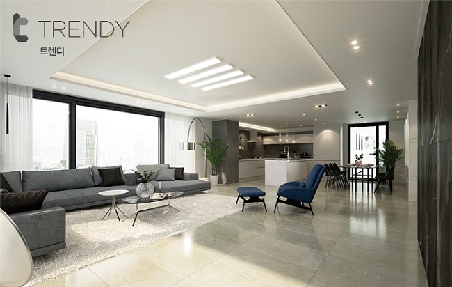 KCC의 '2019년 홈씨씨인테리어 신규 패키지 '트렌디(Trendy)'의 거실 모습. 사진=KCC