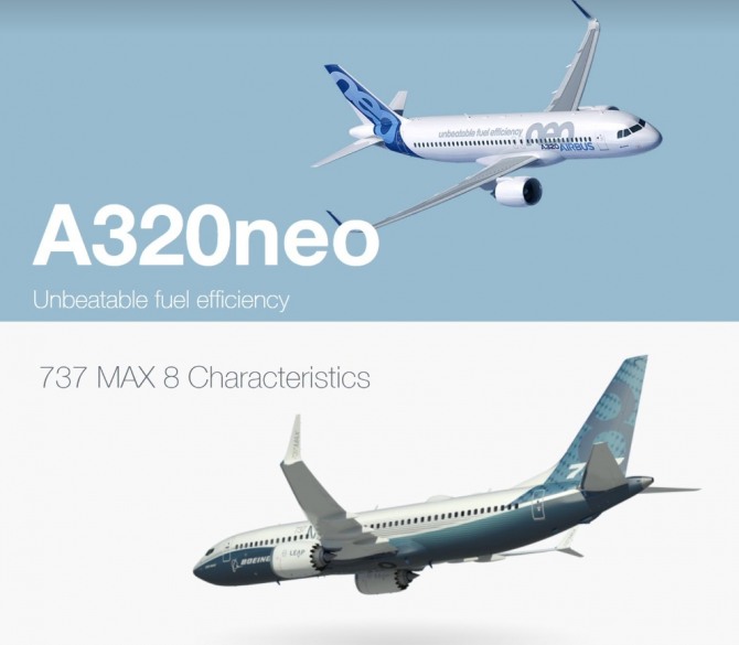 에어버스의 신형 여객기 A320neo(上)와 라이벌 보잉의 737MAX8(下). 자료=에어버스/보잉