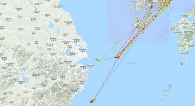 루니스 호의 지난 1년간 항적을 표시한 마린 트래픽 지도. 사진=VOA