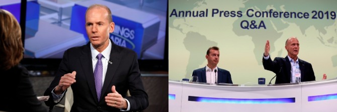 데니스 뮬렌버그 보잉 최고경영자(CEO)(왼쪽). 톰 엔더스 에어버스 CEO와 기욤 파우리 에어버스 상용기 사업부 대표(오른쪽). 사진=뉴시스
