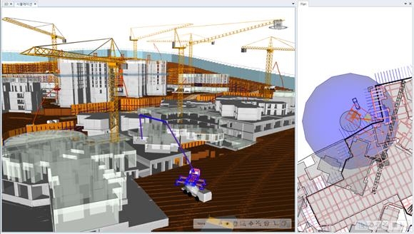 디플랜(DI·plan) 솔루션을 적용해 골조공사 일정에 장비 배치 검토를 진행하고 있는 가상도. 사진=대림코퍼레이션