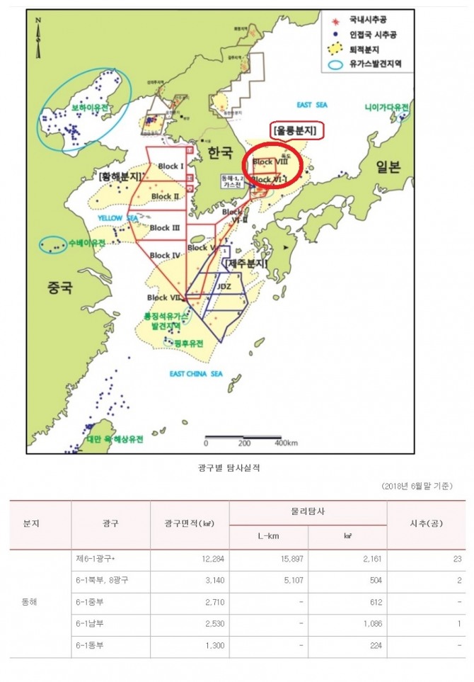 한국석유공사의 한반도 주변 광구별 탐사실적 내용. 붉은 원 모양이 4월부터 탐사사업에 들어가는 동해 울릉분지의 8광구와 6-1광구 북부지역. 사진=한국석유공사