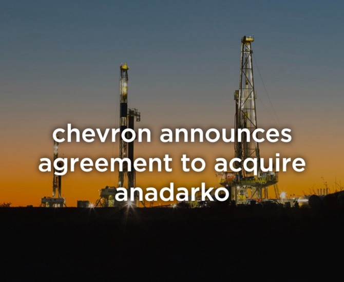 쉐브론(Chevron)은 12일(현지 시간) 독립계 자원개발사 애너다코 페트롤리움을 330억달러에 인수한다고 발표했다. 자료=쉐브론