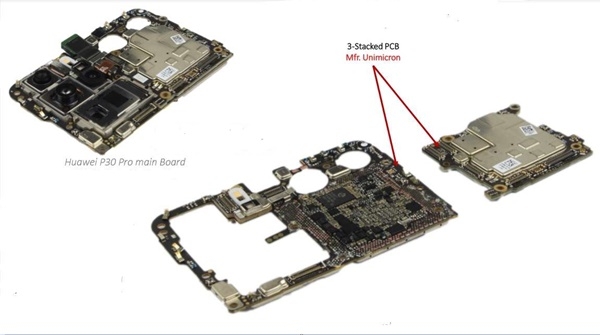화웨이 P30은 애플과 삼성전자에 이어 스마트폰에 3층 PCB를 사용해 공간효율을 극대화하고 있었다. 이렇게 되면 더 큰 배터리 등을 탑재할 수 있게 된다. (사진=시스템플러스컨설팅)