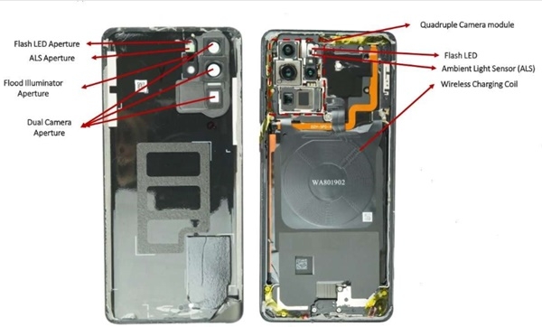 화웨이의 최신 주력폰 P30프로를 분해해 본 모습. 왼쪽위로부터  아래로 플래시 LED조리개, 투광조명 조리개, 듀얼카메라 조리개, 오른쪽 위로부터 아래로 4중 카메라 모듈, 플래시LED, 주변광센서, 무선충전코일 등이 자리하고 있음을 보여준다. (사진=시스템 플러스 컨설팅)