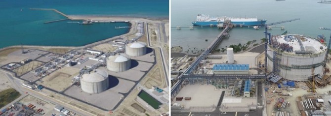 한국가스기술공사가 참여한 해외 LNG터미널 프로젝트 가운데 프랑스 덩케르크 LNG터미널(왼쪽)과 파나마 코스타노르테 LNG터미널(오른쪽)의 모습. 사진=한국가스기술공사 