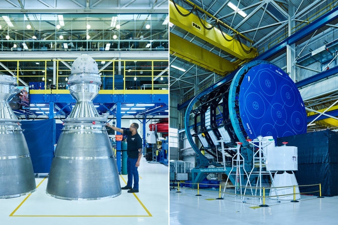 블루 오리진이 개발한 BE-4 엔진(사진 왼쪽)과 로켓 선미 실물 크기의 모형.